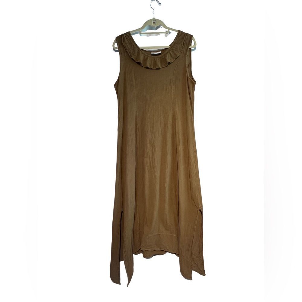Cottonways Ruffle Neck Sleeveless Dress Women Sz2 Brown 100% Cotton Boho Lagenl